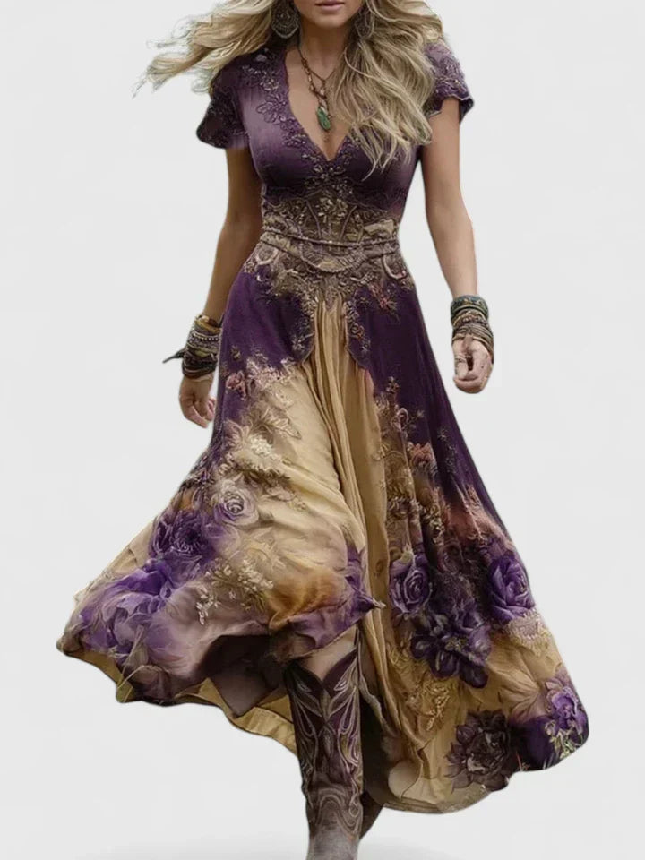 Stylish women's floral maxi dress with V-neck, embodying bohemian chic for summer, comfortable and versatile.