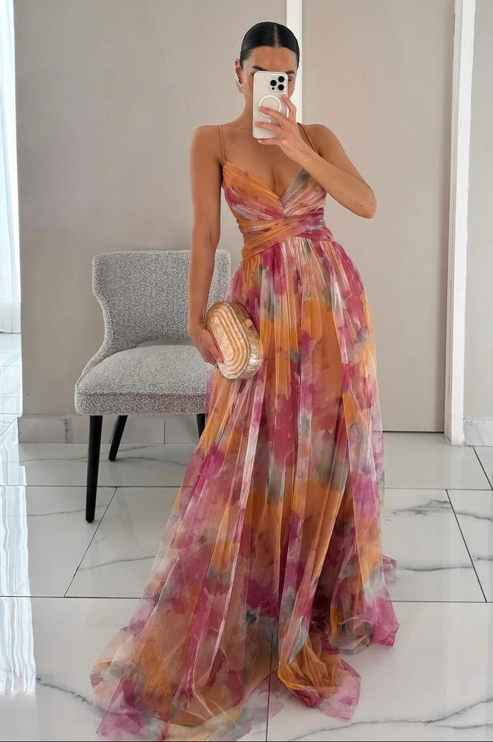 Elegant women's floral maxi evening dress with a romantic V-neck, perfect for summer parties & special occasions.