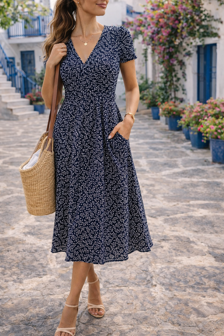 Elegant women's floral midi dress featuring a flattering V-neck, perfect for spring and summer fashion.