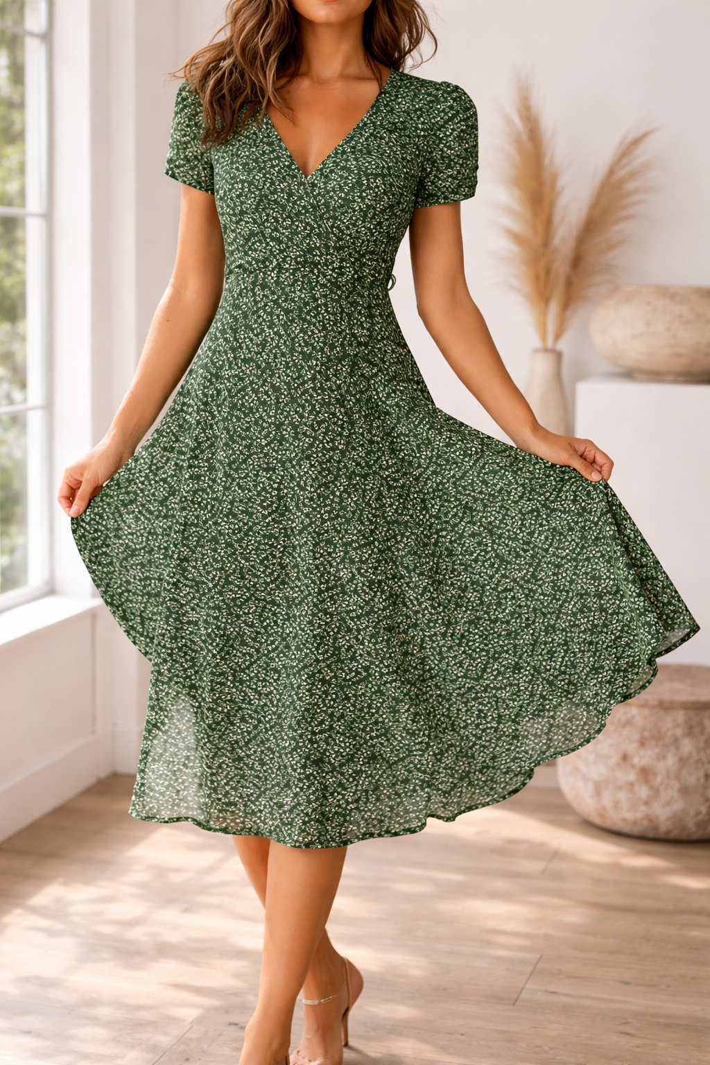 Feminine floral A-line midi dress with stylish V-neck and cap sleeves, ideal for casual or elegant wear.