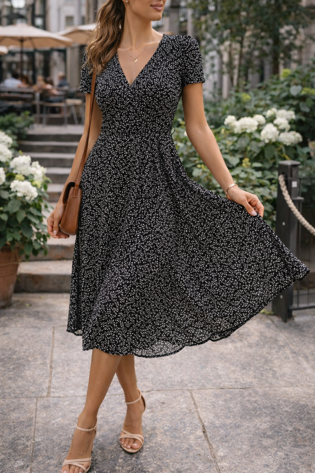 Versatile women's elegant floral midi dress with V-neck & cap sleeves, perfect for feminine spring style.