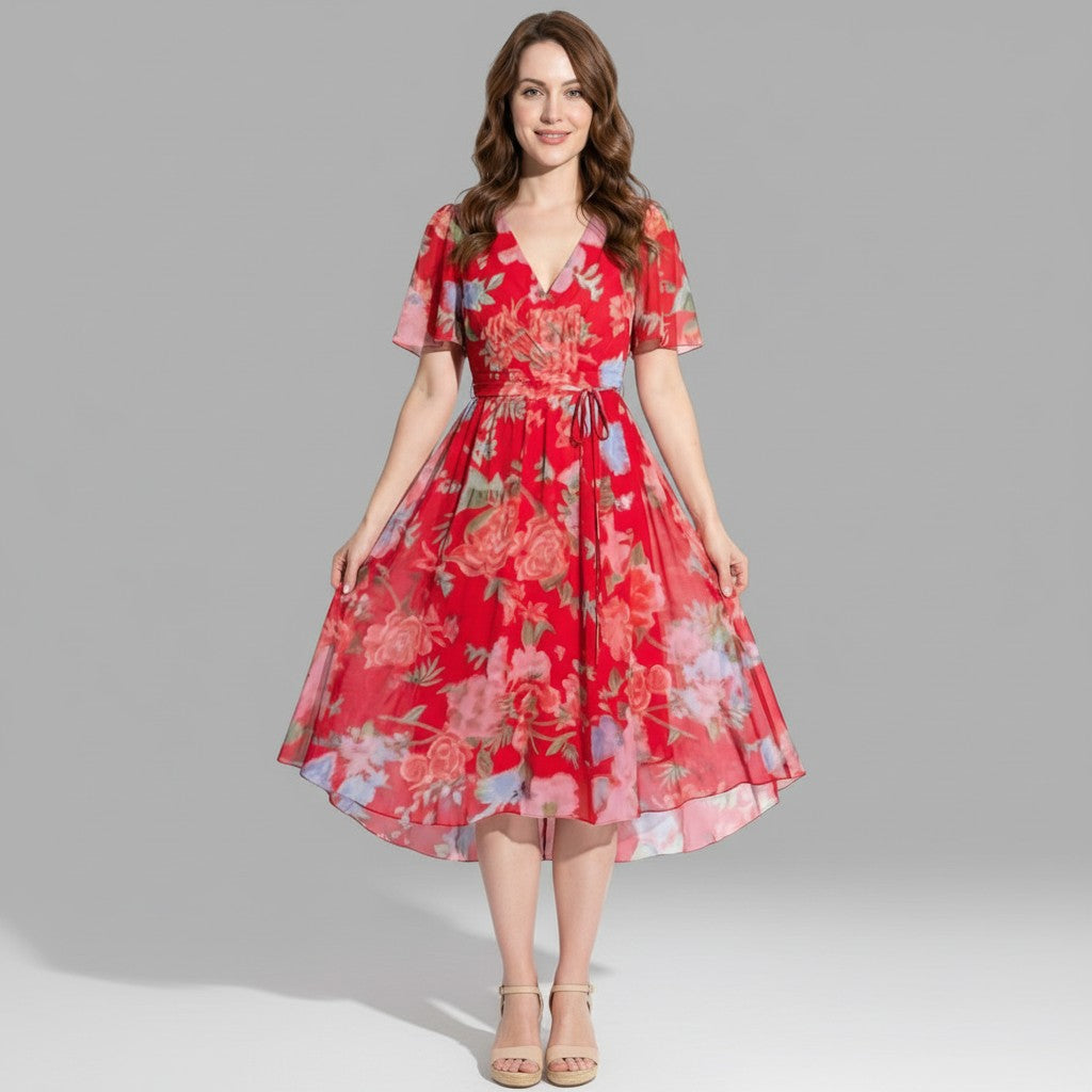 Elegant women's floral midi dress, perfect for parties and special occasions.
