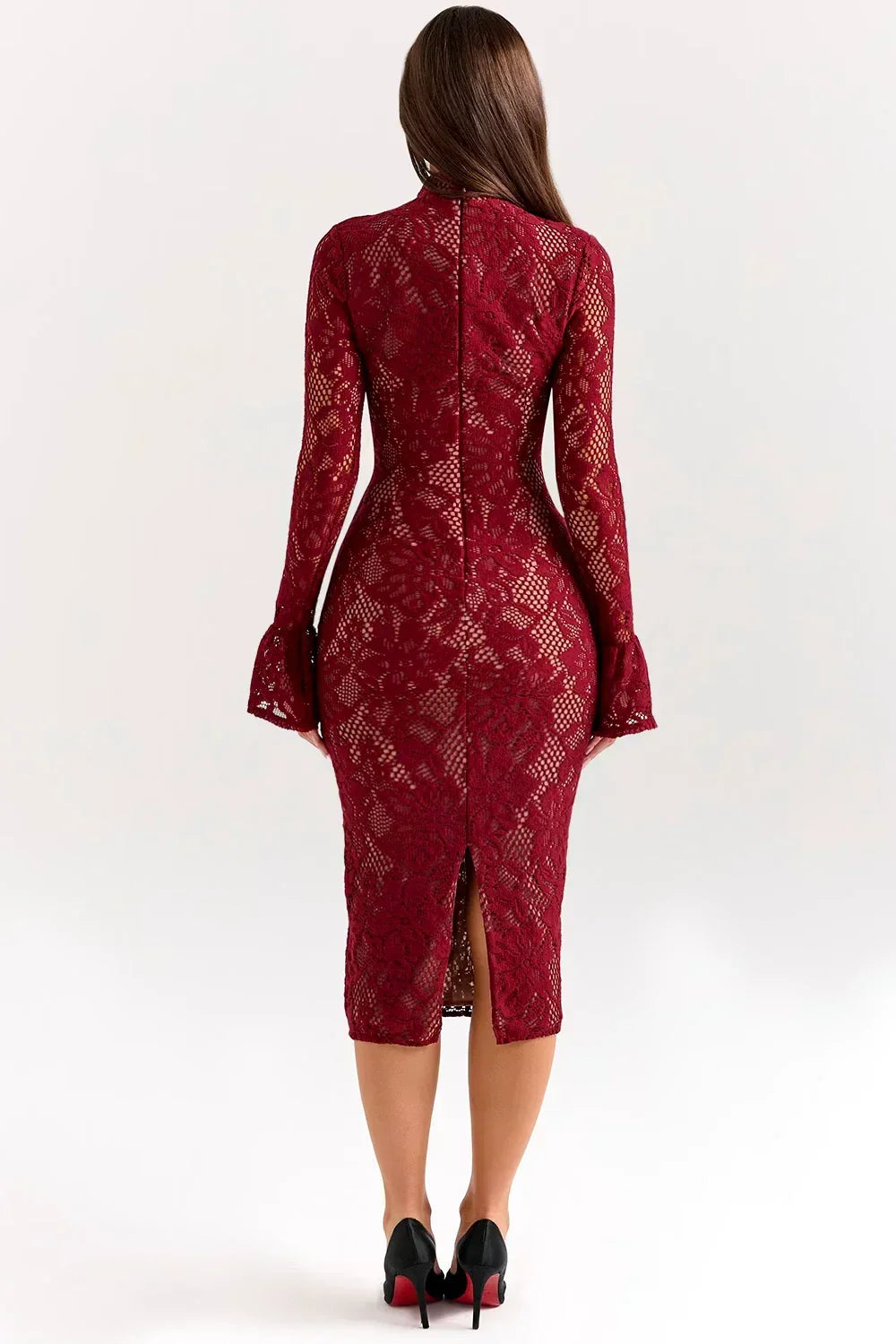 Elegant floral midi dress for women, suitable for autumn outfits or sophisticated spring/summer wear.