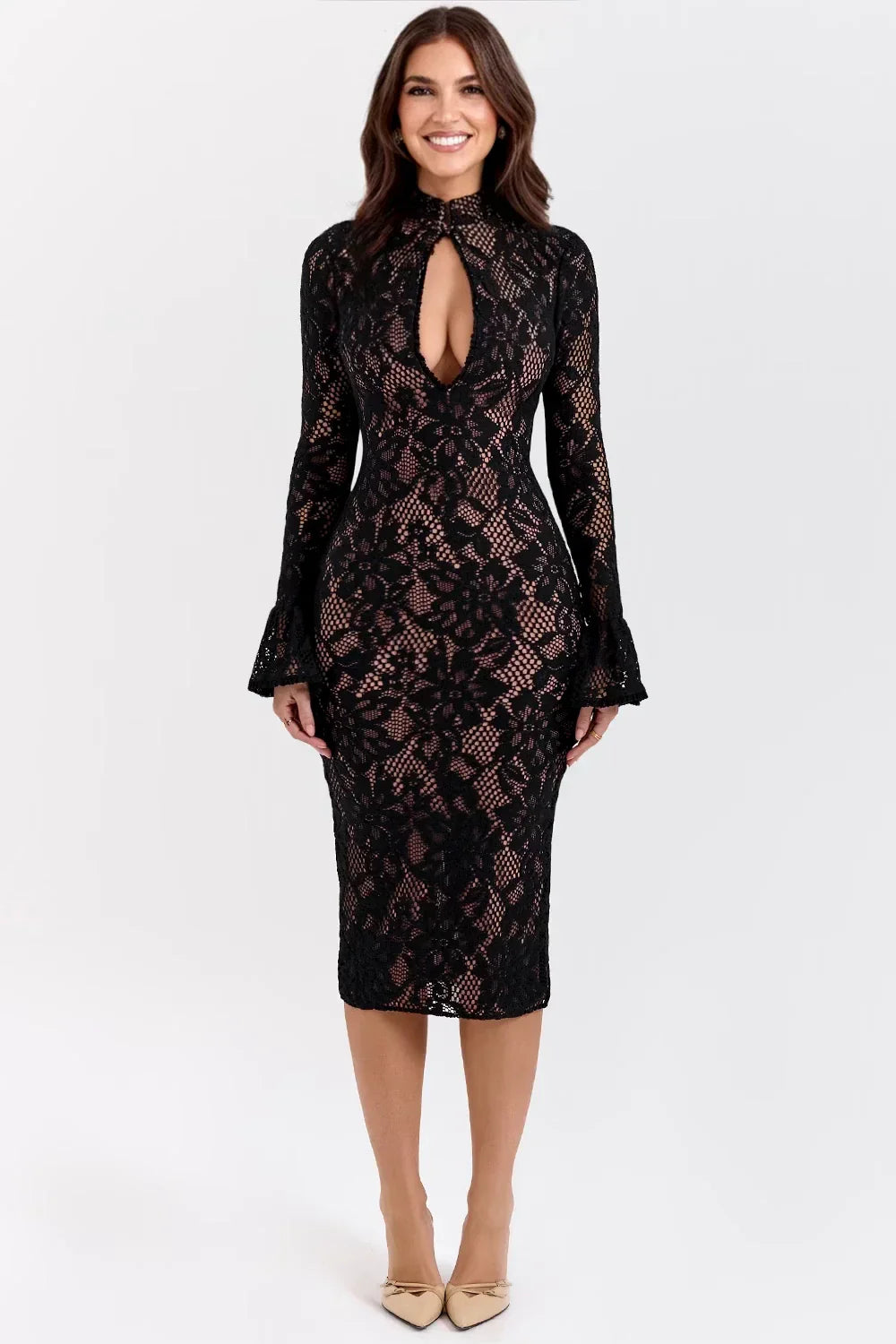 Feminine floral midi dress for women, excellent party wear. Elegant design for spring, summer, and autumn events.