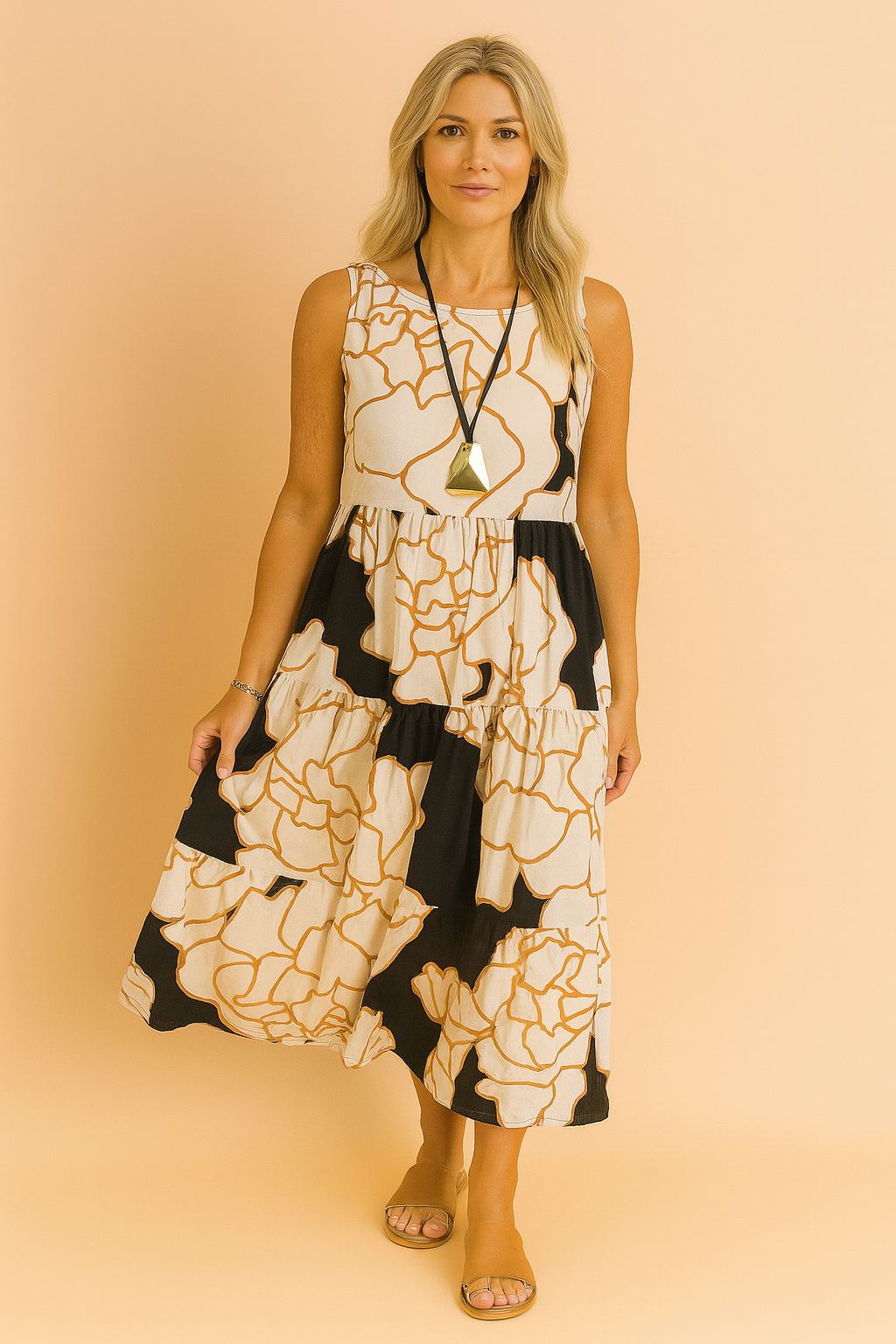 Elegant women's floral midi dress, perfect for summer parties or spring casual wear.