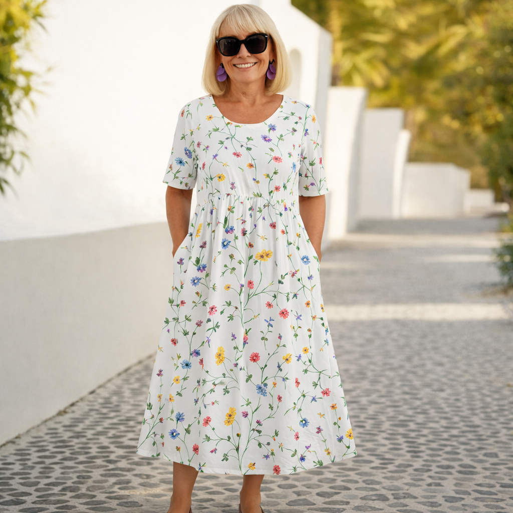 Elegant women's floral midi dress, perfect for summer & vacation outfits.
