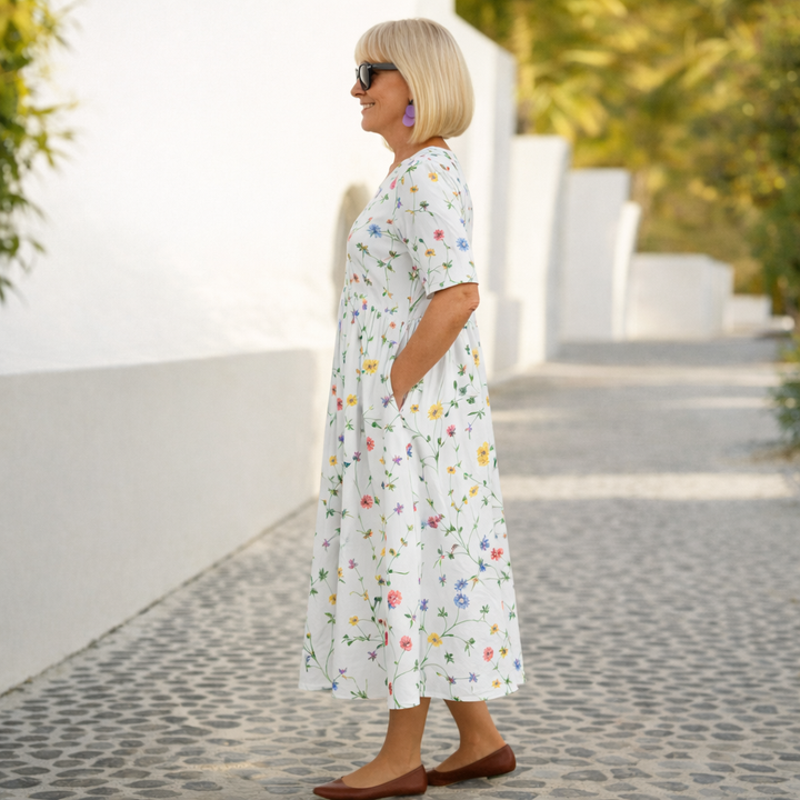 Comfortable floral midi dress for women, ideal for casual everyday wear.