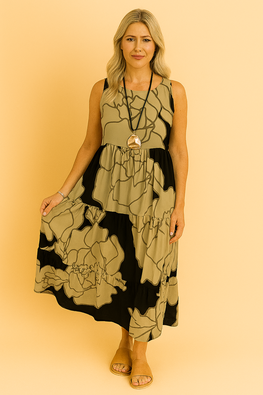 Women's summer midi dress with vibrant floral pattern, elegant choice for spring and casual outings.