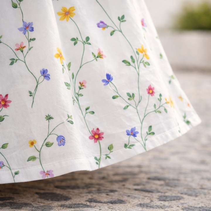 Feminine midi length floral dress for women, elegant and comfortable style.