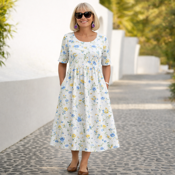 Effortless floral midi dress, comfortable and stylish for women, suitable for any occasion.