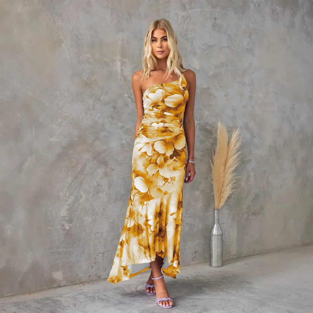 Elegant women's one-shoulder floral midi dress. Flowy summer dress with vibrant print, ideal for parties & brunch.
