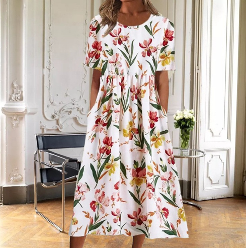 Elegant women's floral midi dress, short sleeve, round neck, ideal for spring & summer style.