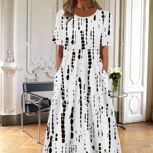 A-line floral midi dress for women, short sleeves, comfortable & stylish for casual spring fashion.
