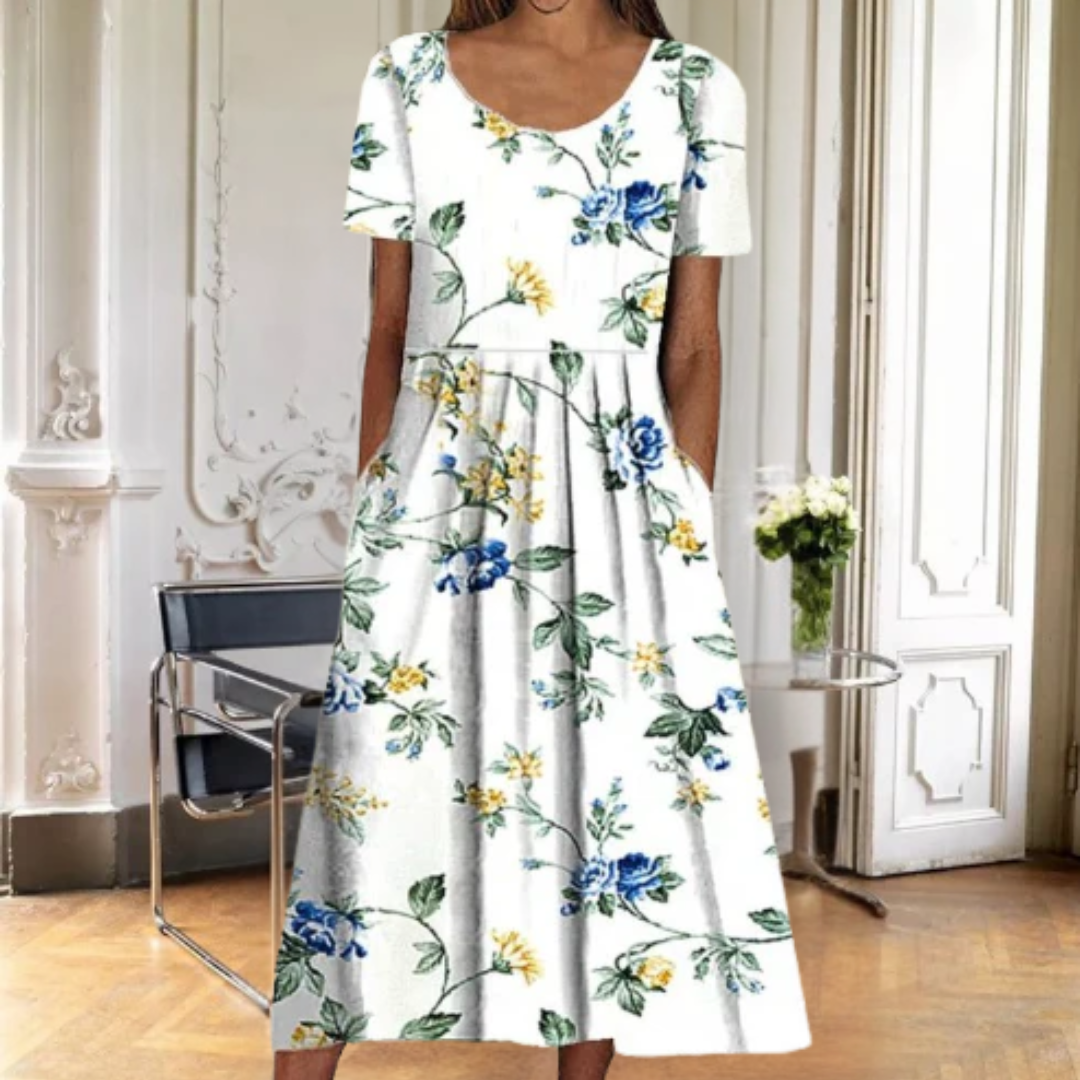 Stylish women's A-line floral midi dress, short sleeve, round neck, great for spring/summer casual & elegant looks.