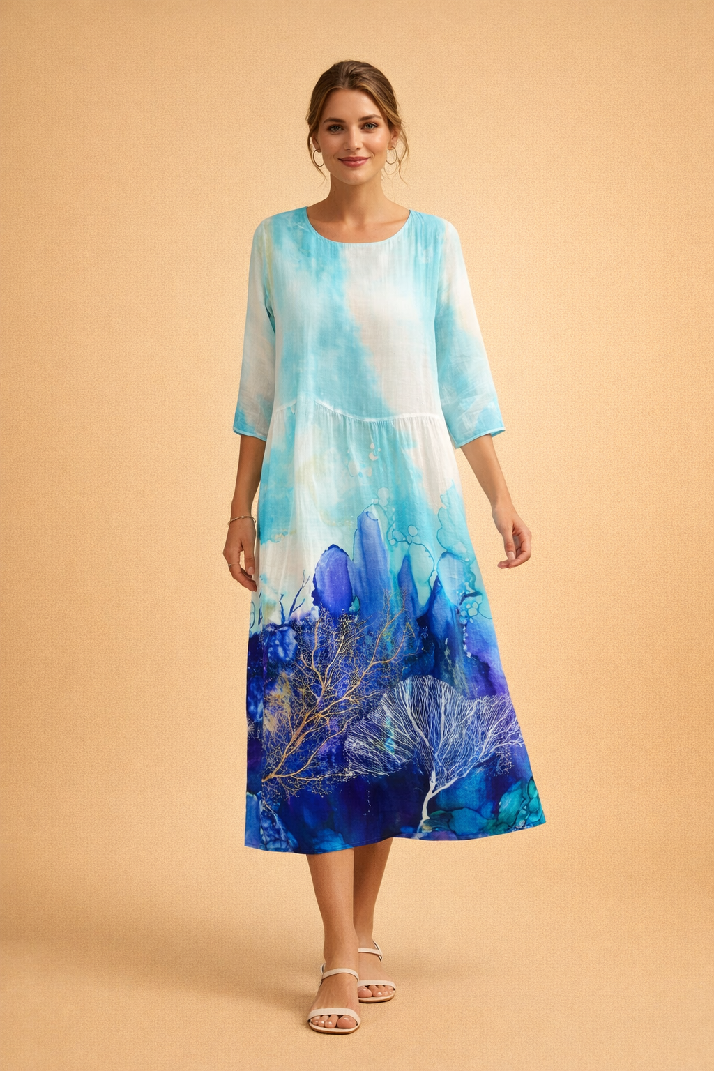 Stylish women's elegant midi dress with a vibrant floral print. Relaxed fit for comfortable summer wear.