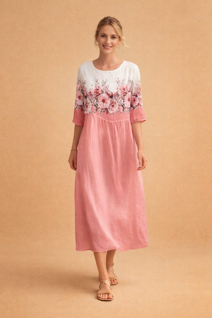 Women's summer midi dress, elegant floral print, three-quarter sleeves, round neck. Comfortable event wear.