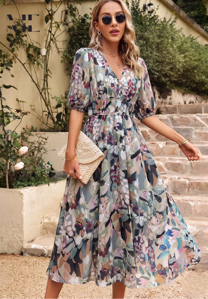 Elegant women's floral midi dress with delicate print and chic puff sleeves.