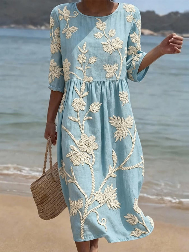 Elegant women's floral midi dress with round neck, perfect for summer casual or semi-formal events.