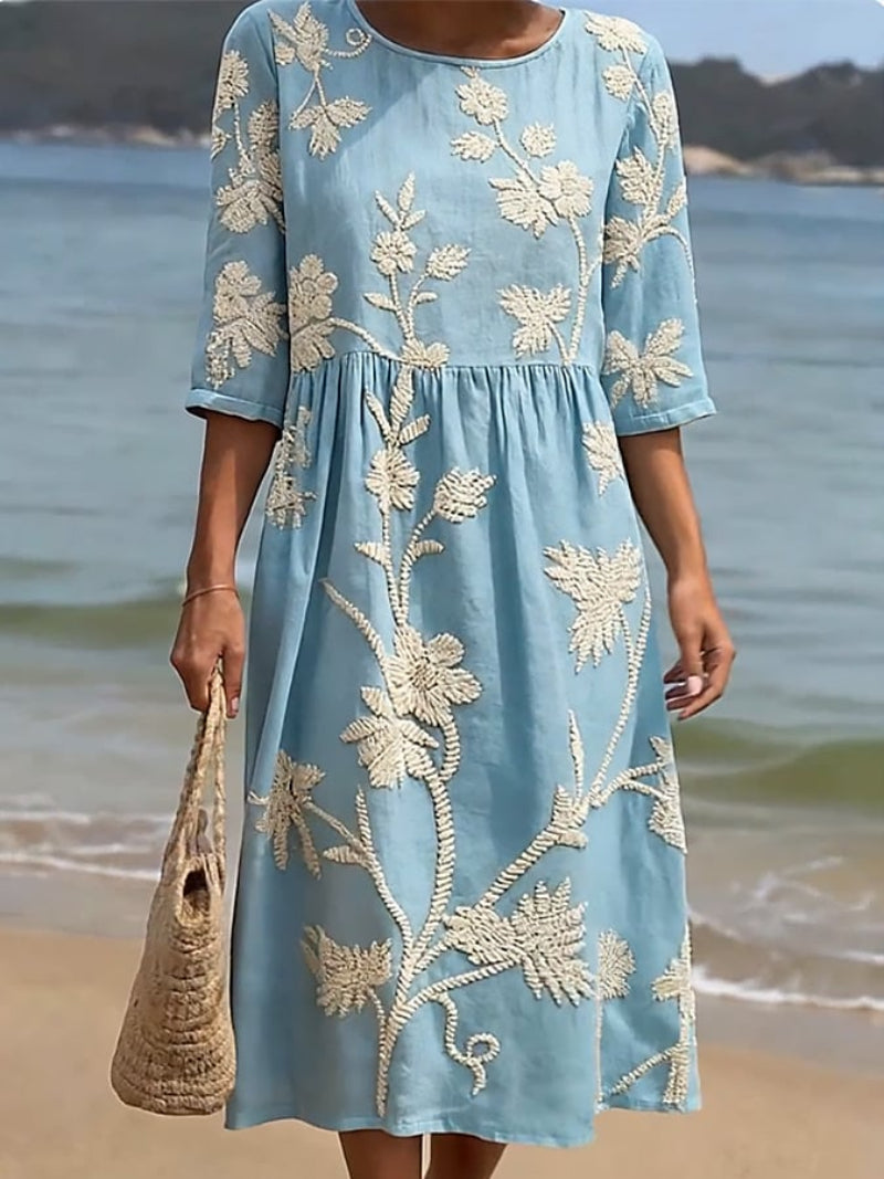 Lightweight women's summer midi dress featuring a beautiful floral pattern and classic round neck for feminine style.