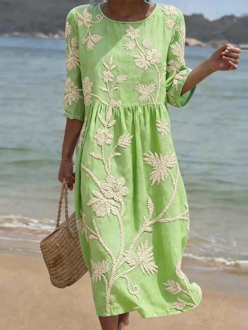 Casual women's floral round neck midi dress, perfect lightweight summer fashion for a fresh, feminine look.