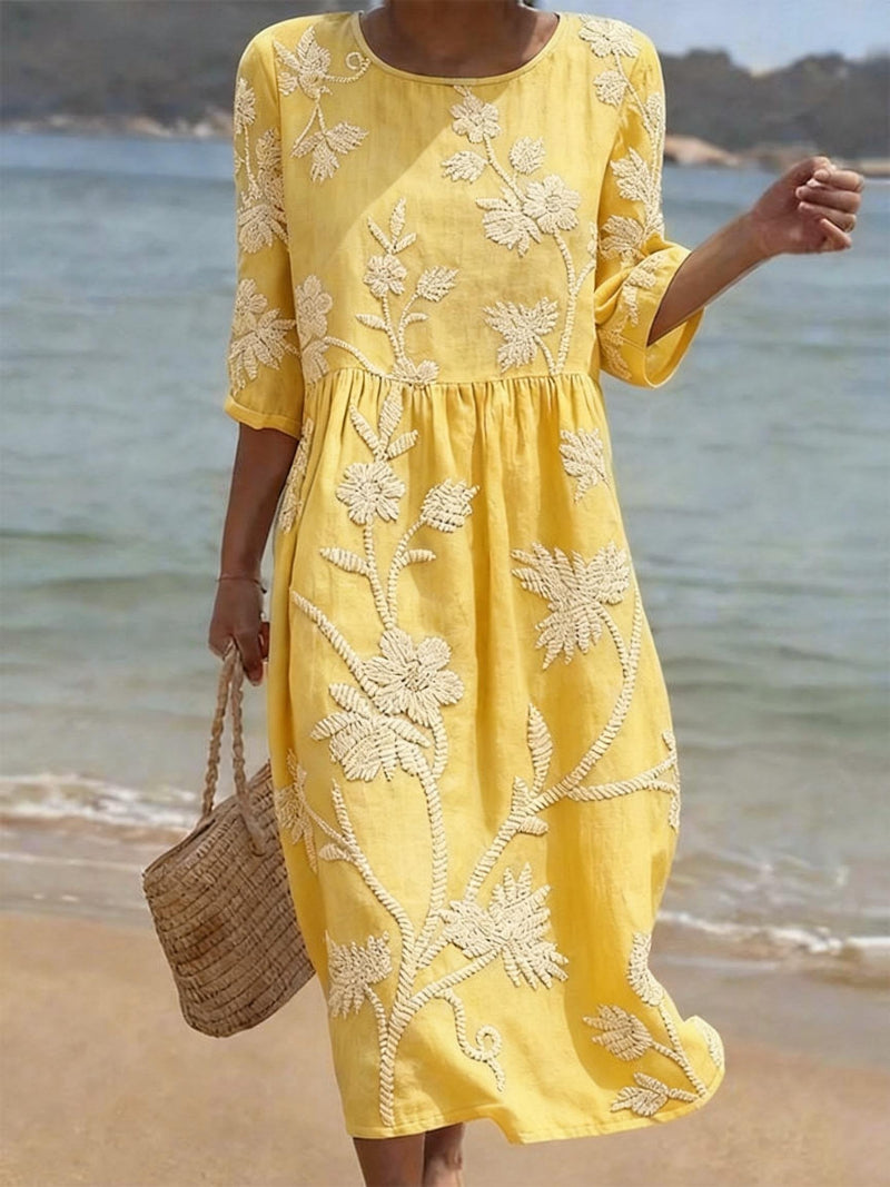 Women's elegant floral print midi dress featuring a flattering round neck, perfect for summer and spring occasions.