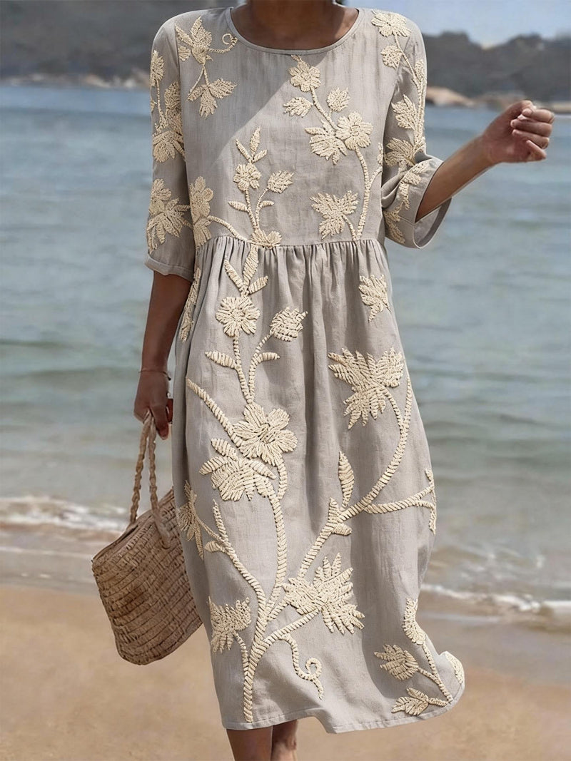 Beautiful women's floral round neck midi dress, a lightweight and elegant choice for summer fashion and comfort.