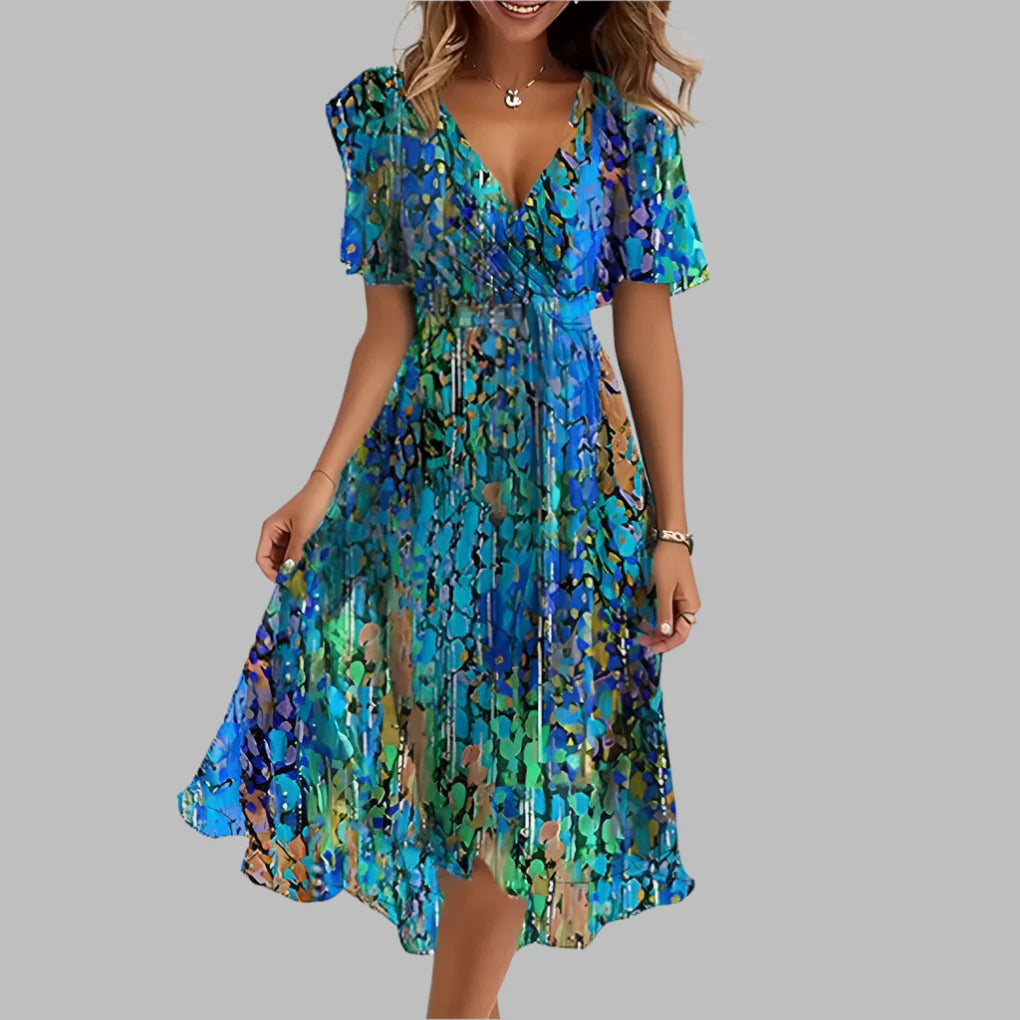 Elegant women's floral midi dress with ruched details, flattering fit & puff sleeves. Perfect for spring/summer parties.