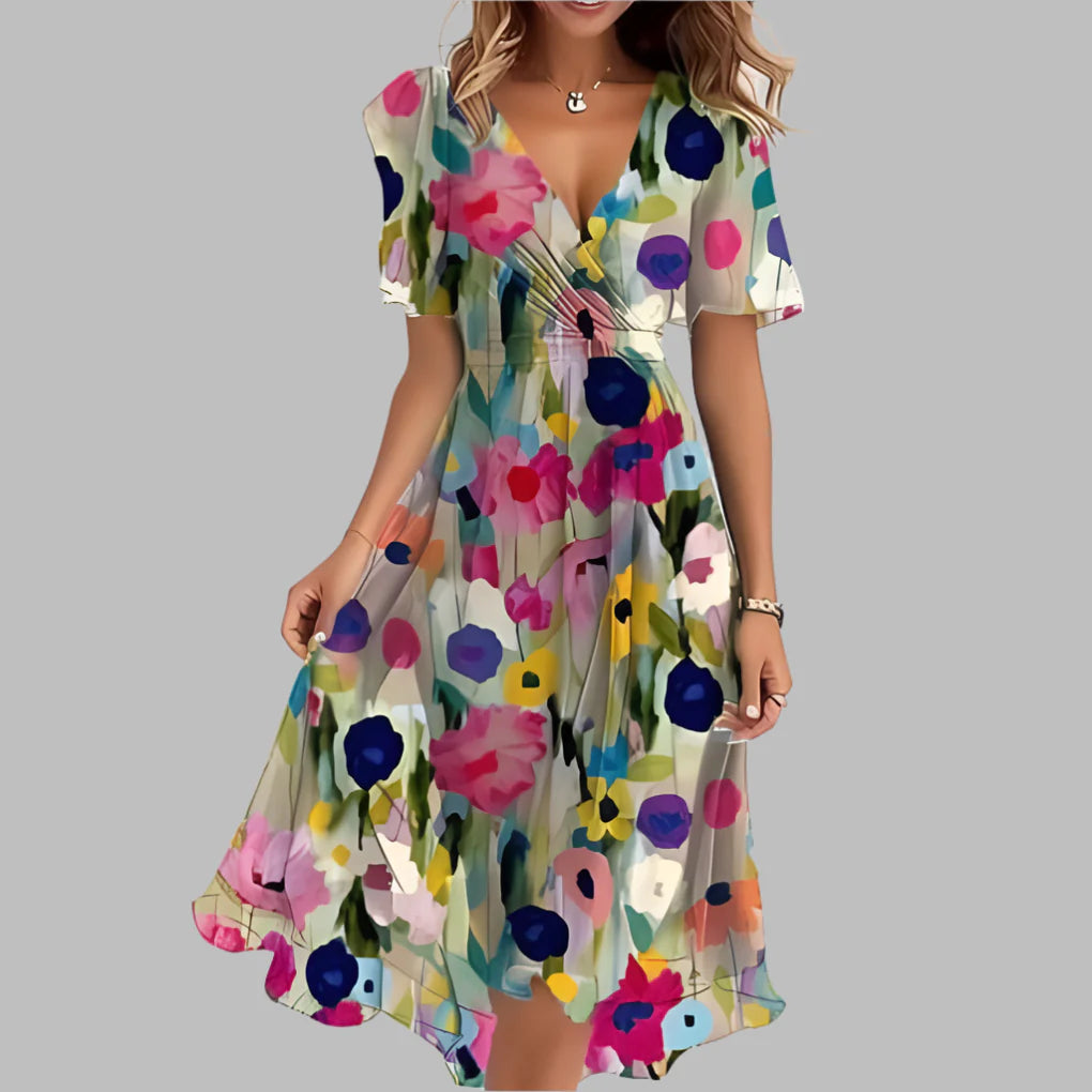 Chic floral ruched midi dress for women, featuring a sweetheart neckline & elegant design. Ideal for date nights.