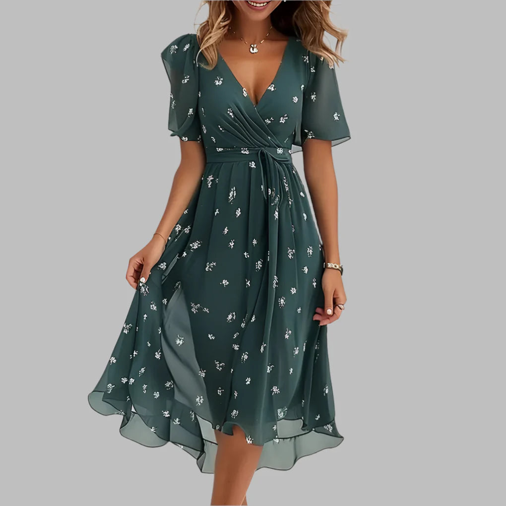 Flattering women's floral midi dress with ruched body, puff sleeves & square neckline. Great for summer fashion.
