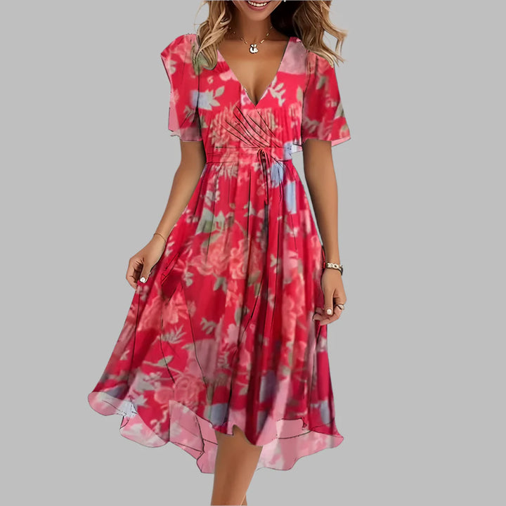Beautiful women's elegant floral ruched midi dress. Feminine design, perfect for evening events & special occasions.