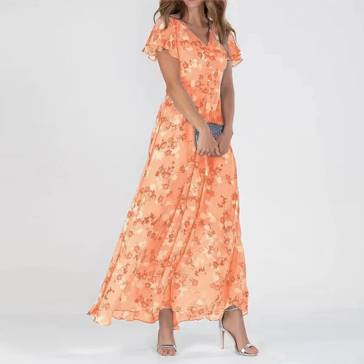 Elegant women's floral midi dress with short sleeves, perfect for spring & summer casual wear or parties.