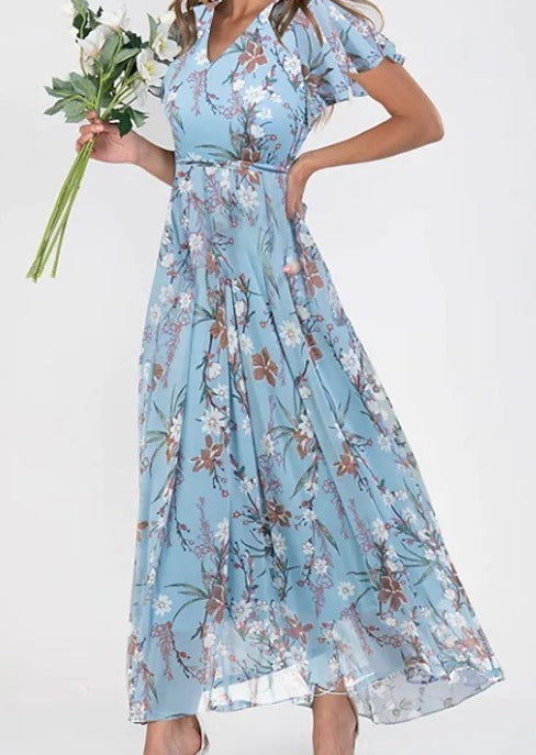 Stylish women's floral short sleeve midi dress, ideal for elegant spring fashion, summer parties, or casual events.