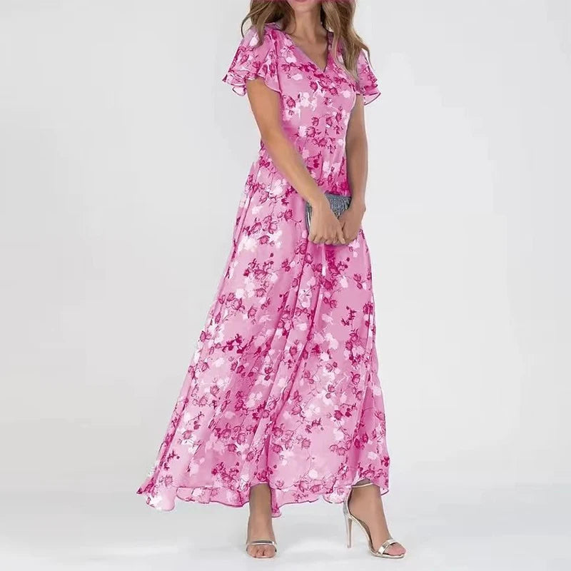 Comfortable & elegant women's floral midi dress with short sleeves, a graceful patterned design for any occasion.