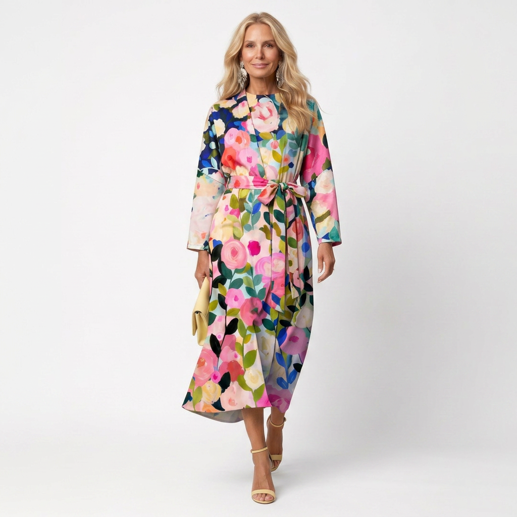 Elegant women's floral midi dress with wide sleeves, round neck, and wrap waist. Perfect for summer occasions.