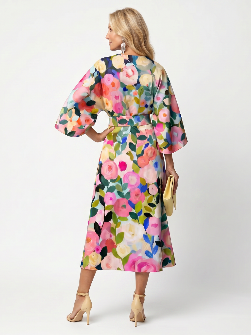 Woman wearing a comfortable floral midi dress with wide sleeves, ideal for a casual summer day out.