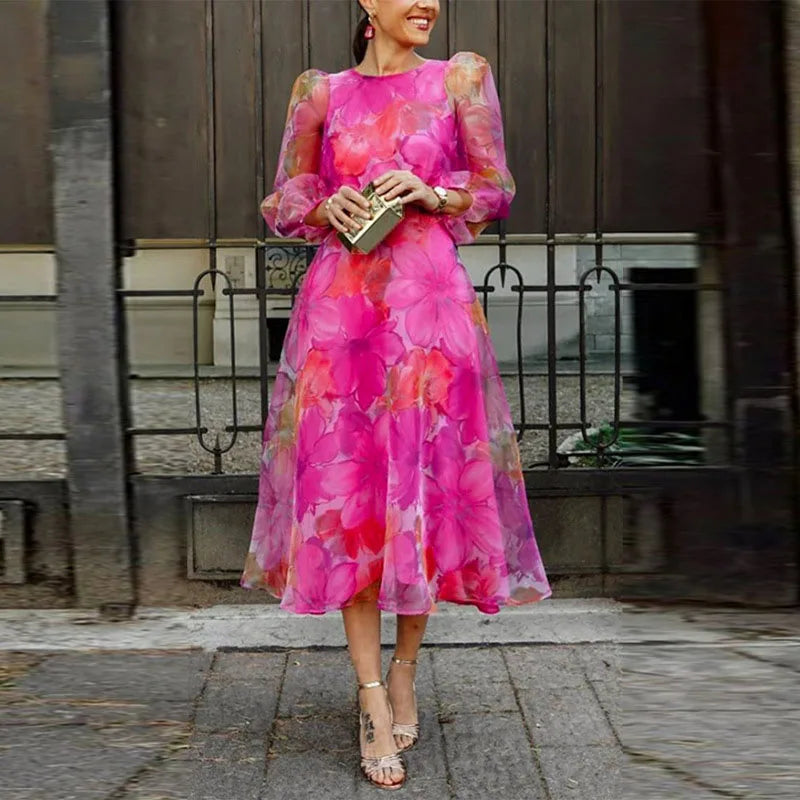 Elegant women's floral midi wedding guest dress with long sleeves. Perfect for formal events & garden parties.
