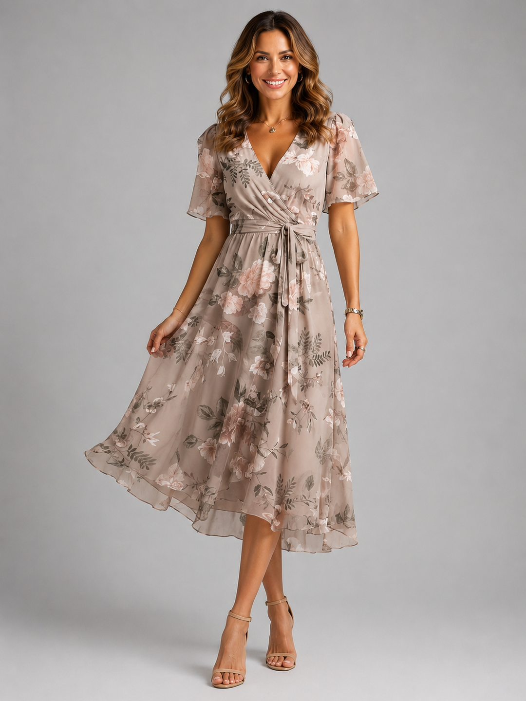 Elegant women's floral midi wrap dress with tummy control. Flattering for summer parties & vacations.