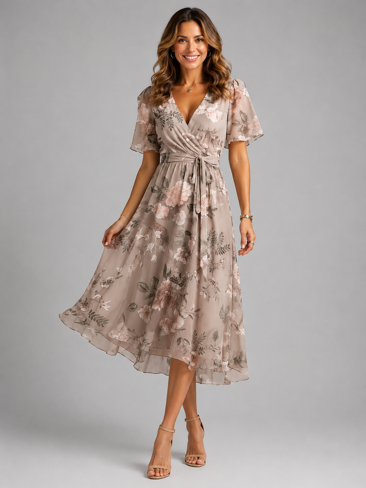 Elegant women's floral midi wrap dress with tummy control. Flattering for summer parties & vacations.