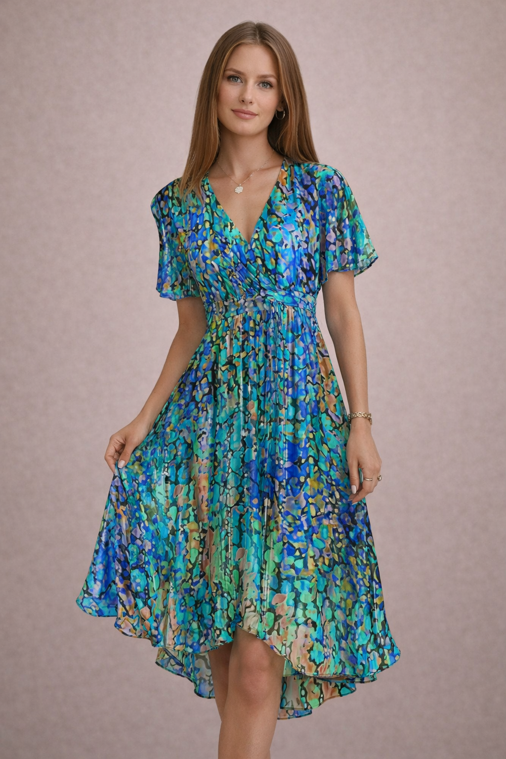 Comfortable women's floral midi dress, perfect for spring casual wear or summer beach vacations.