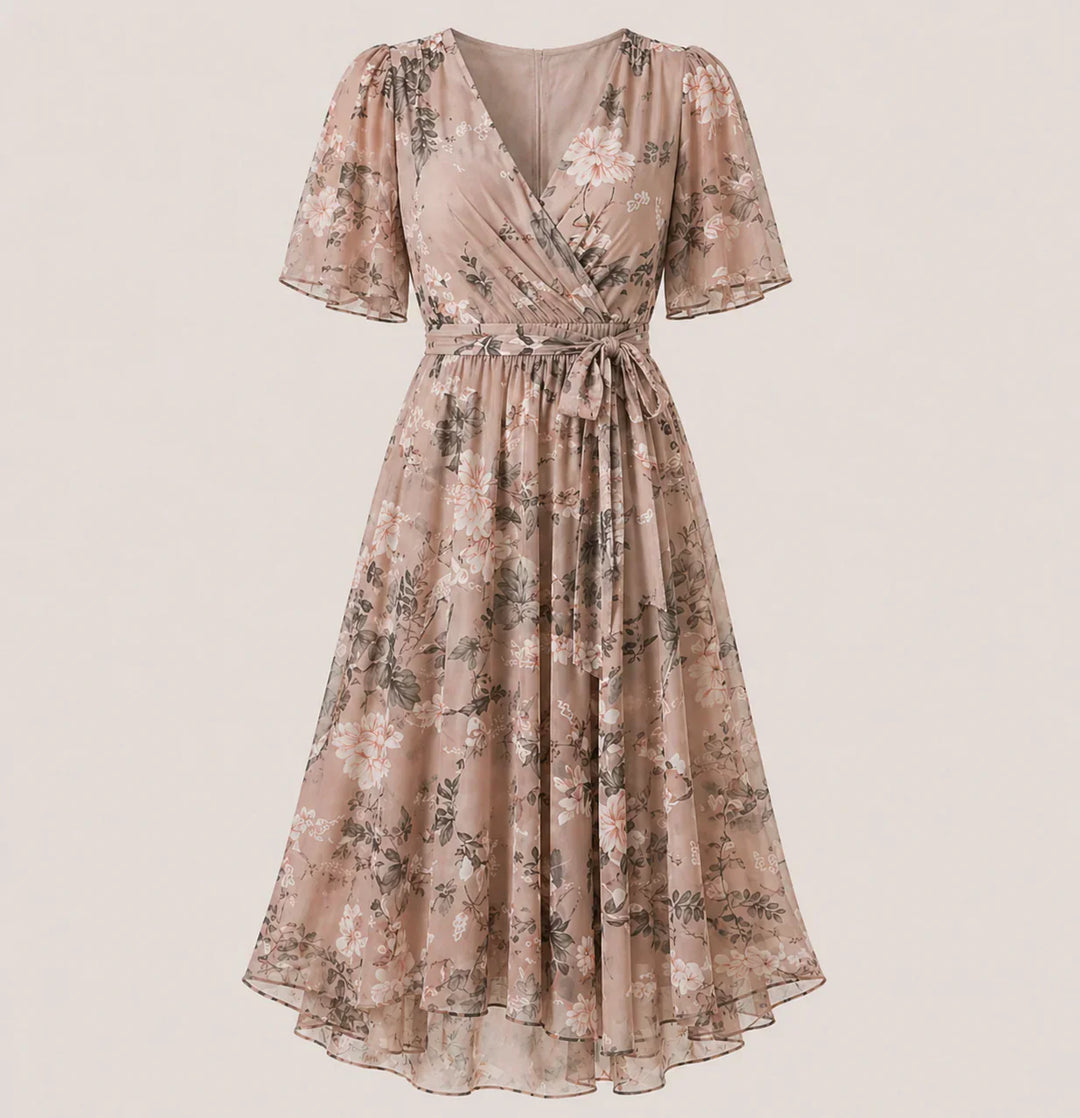 Vibrant floral print women's midi dress, a comfortable wrap style for elegant spring, summer & vacation looks.