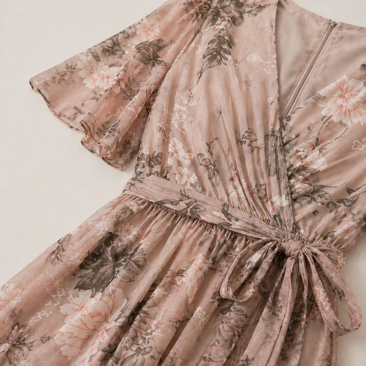 Women's floral midi dress featuring tummy control & an elegant wrap design. Perfect for summer beach outings.