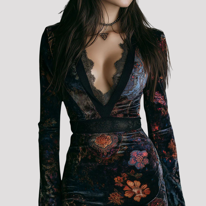 Chic women's floral mini party dress featuring a delicate lace neckline, long sleeves & a beautiful multicolor pattern.