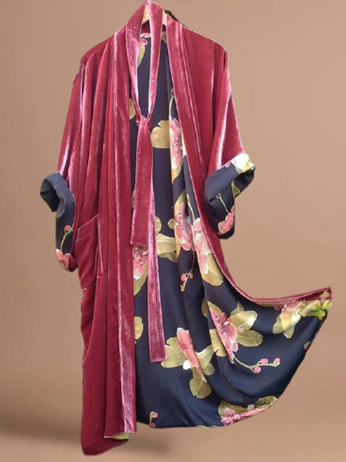 Fashionable women's floral off-shoulder loungewear dress with a sophisticated waist belt. Relax in style.
