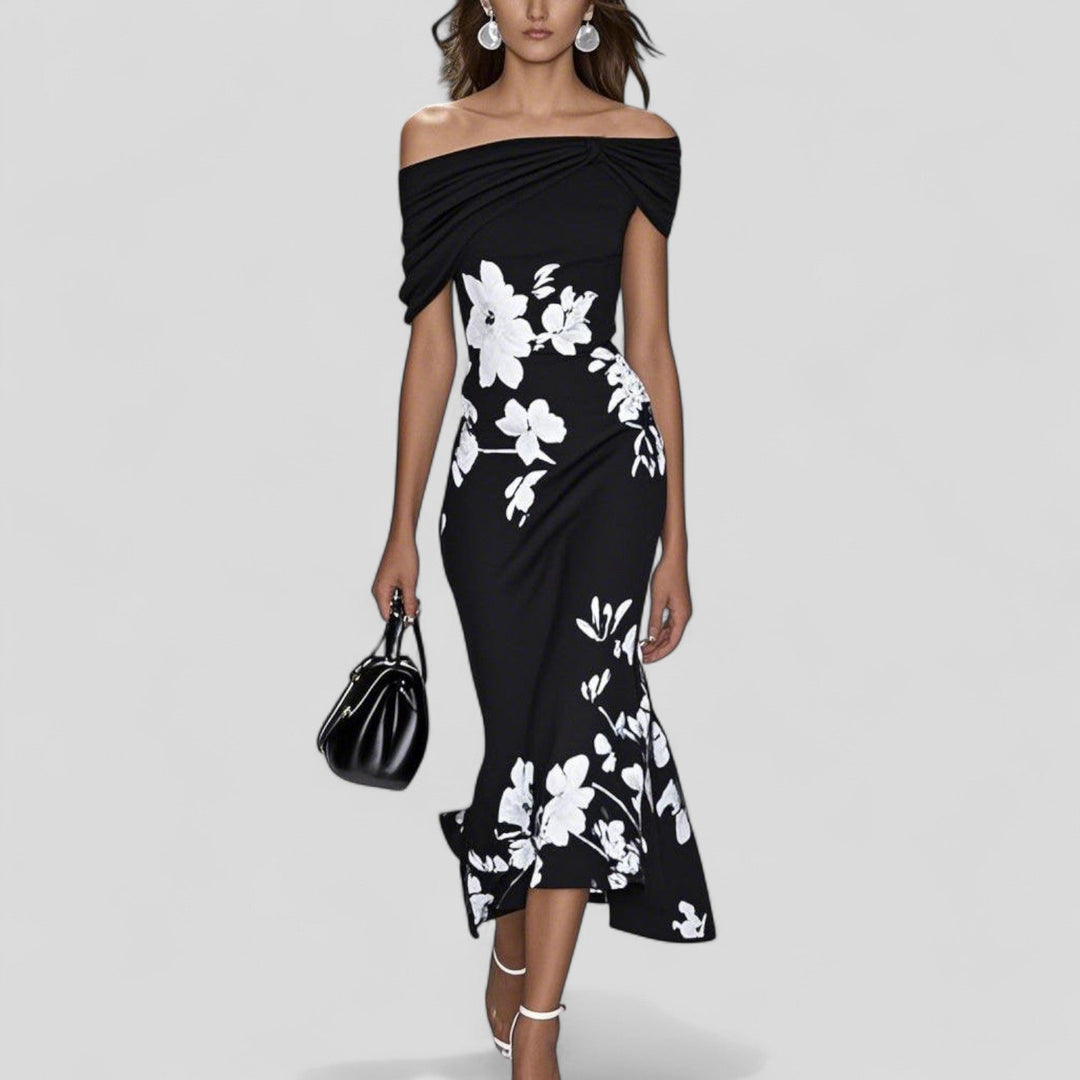 Beautiful women's floral midi dress, off-shoulder style. Ideal elegant wedding guest dress or summer occasion wear.
