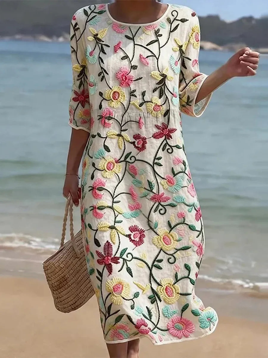 Elegant women's floral pattern midi dress. Versatile spring/summer fashion, perfect for casual or occasion wear.