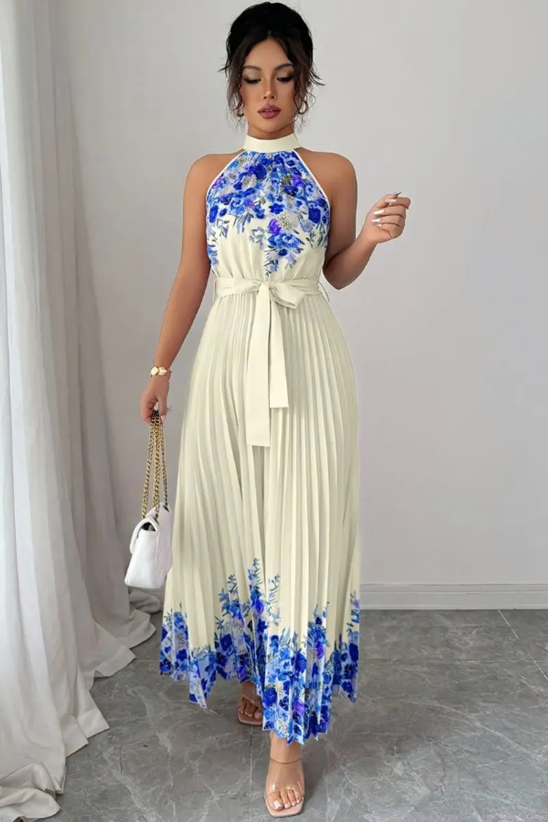 Elegant women's floral pleated halter maxi dress, perfect for upscale events & party attire.