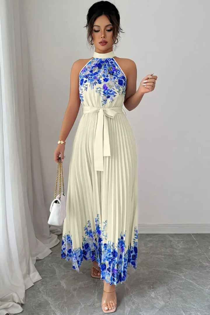 Elegant women's floral pleated halter maxi dress, perfect for upscale events & party attire.
