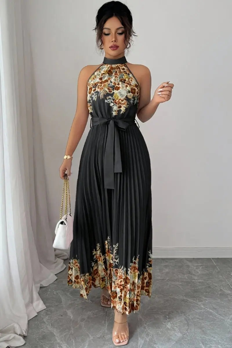 Graceful women's floral pleated halter maxi gown, an elegant choice for evening and formal wear.