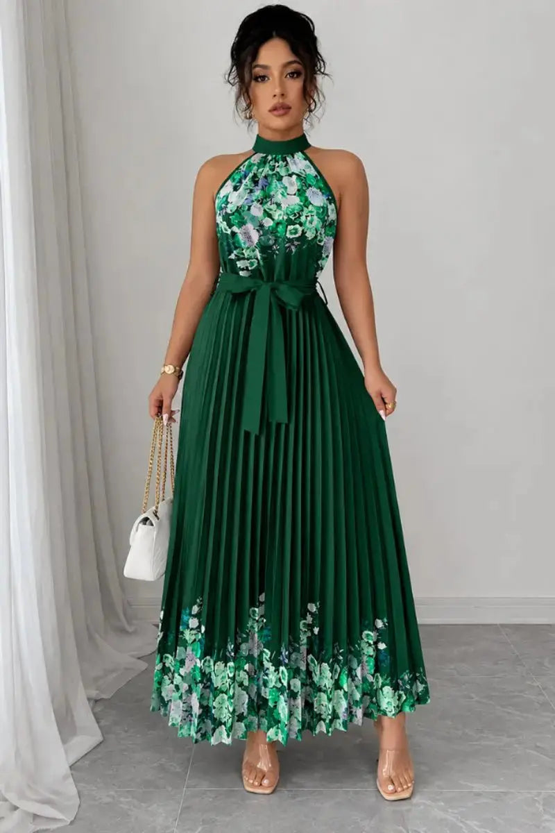 Elegant floral pleated halter maxi dress for women, ideal for evening galas & formal gatherings.