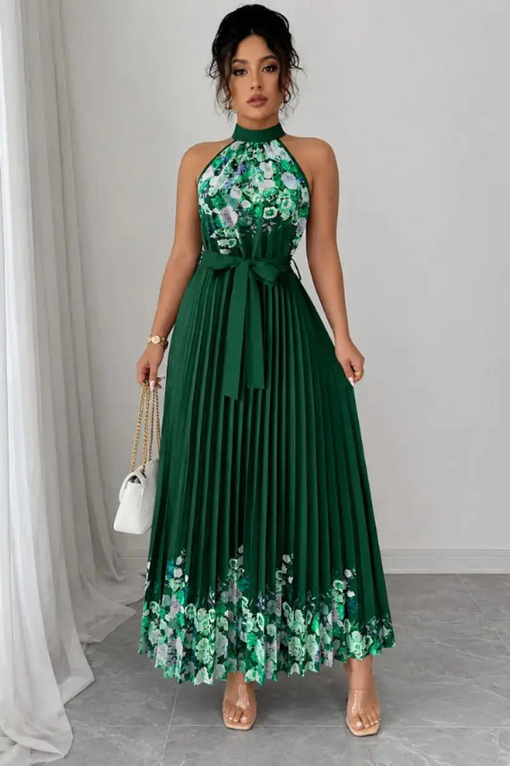 Elegant floral pleated halter maxi dress for women, ideal for evening galas & formal gatherings.